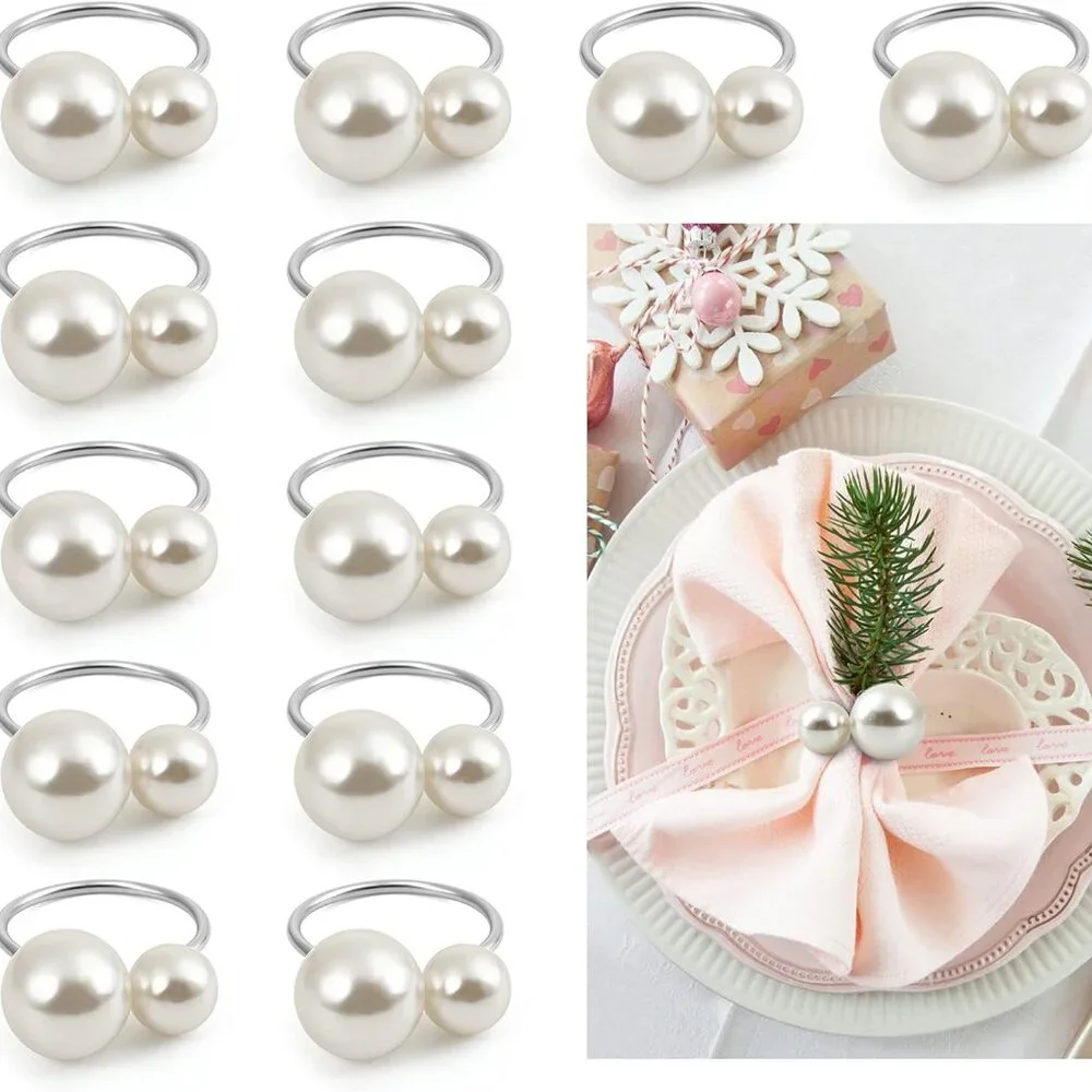 12 Formal Dinner Napkin Rings Silver with Pearls‎ Wedding Anniversary Holidays